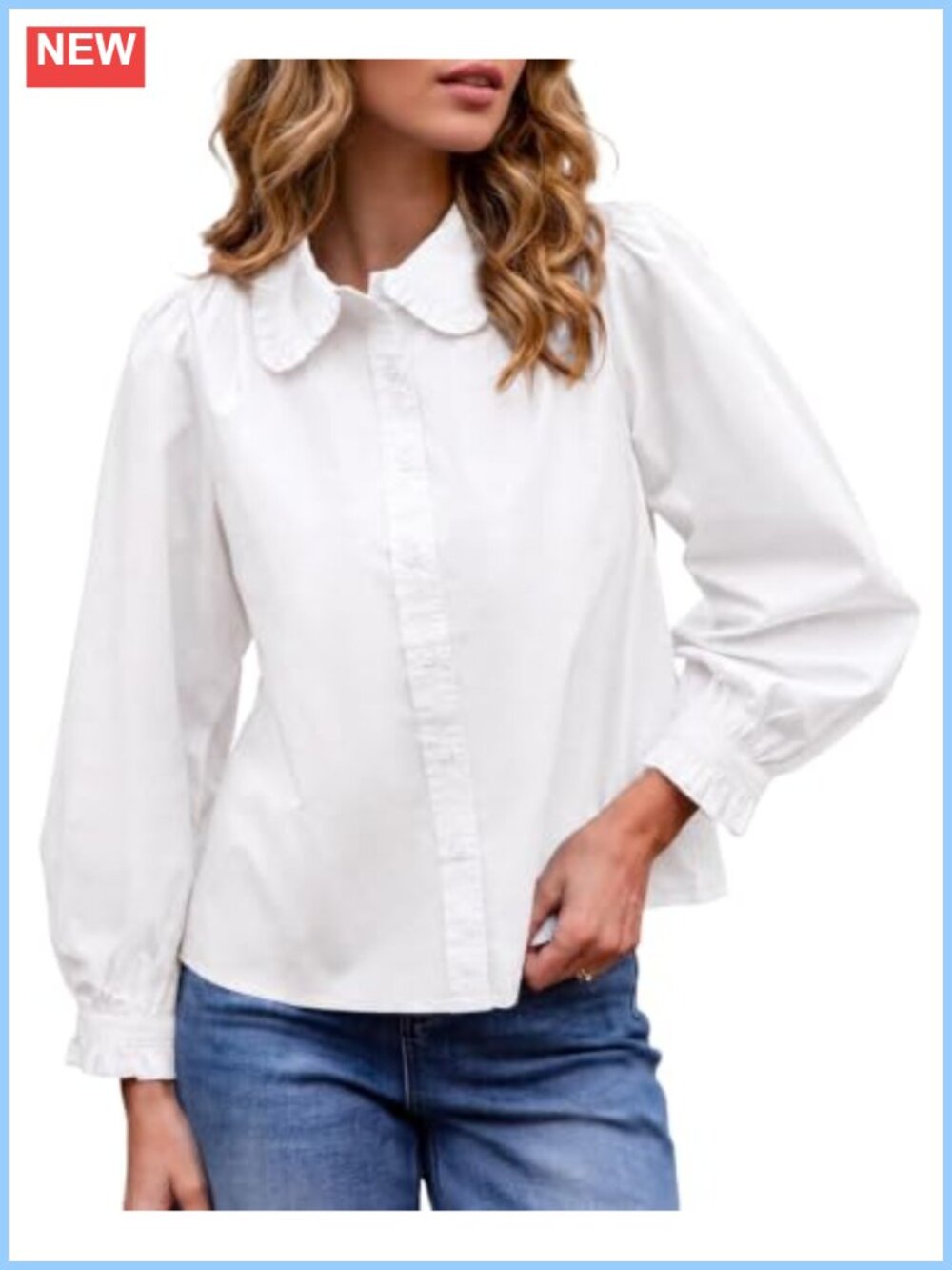 Peter Pan Collar Button Down Blouse Puff Sleeve Ruffle Trim